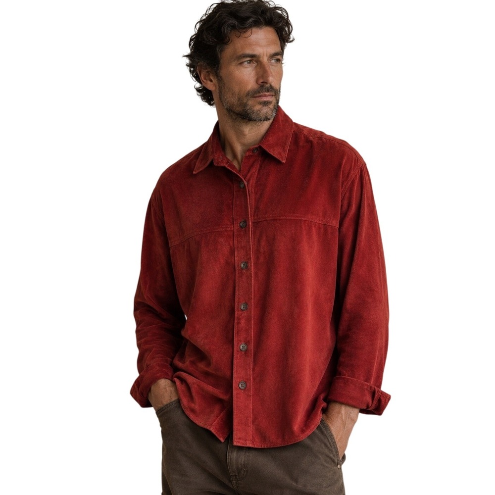 Vintage Bushwacker Red Suede Leather  LS Button Down Shirt Small Made In USA